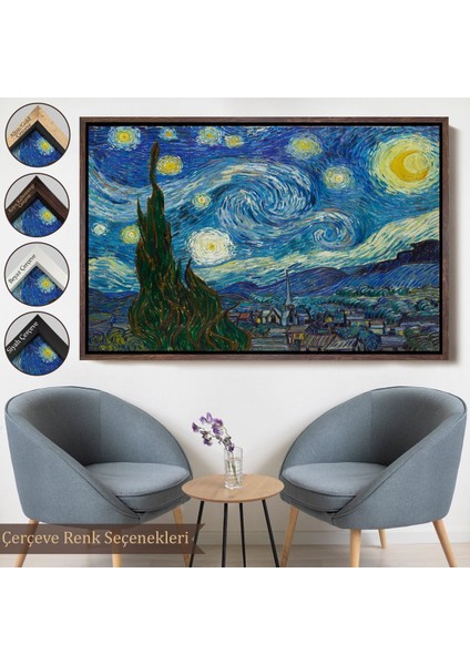 Siyah Çerçeveli Vincent Van Gogh, Yıldızlı Gece Kanvas Tablosu