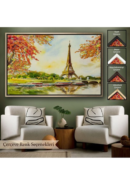 Çerçeveli Seine Nehri ve Eyfel Manzaralı Yağlıboya Dekoratif Kanvas Duvar TABLOSU-3564