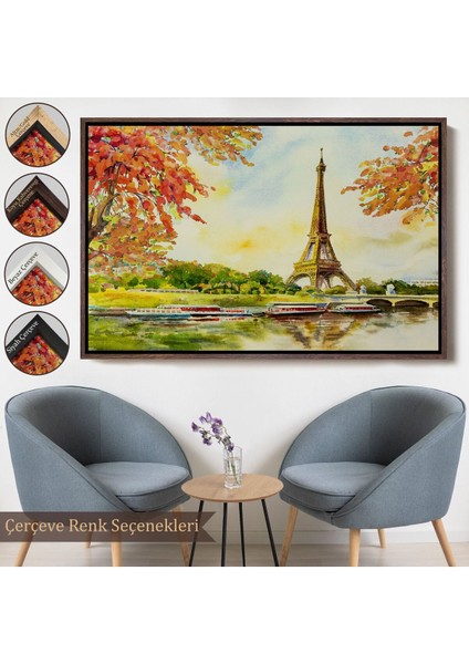 Çerçeveli Seine Nehri ve Eyfel Manzaralı Yağlıboya Dekoratif Kanvas Duvar TABLOSU-3564