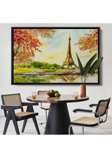 Çerçeveli Seine Nehri ve Eyfel Manzaralı Yağlıboya Dekoratif Kanvas Duvar TABLOSU-3564
