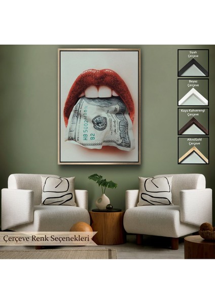 Çerçeveli Ağzın Da Dolar Olan Kadın Duvar TABLOSU-6260