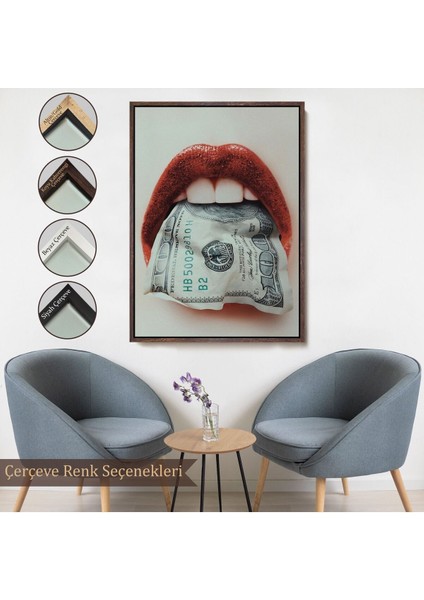 Çerçeveli Ağzın Da Dolar Olan Kadın Duvar TABLOSU-6260