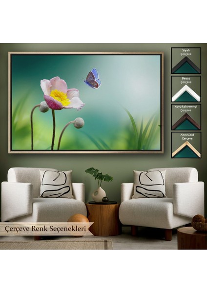 Beyaz Çerçeveli Zarif Çiçek ve Kelebek Dekoratif Kanvas Duvar Tablosu