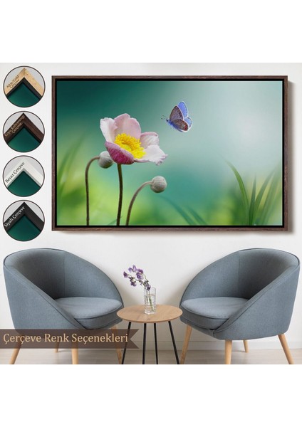 Beyaz Çerçeveli Zarif Çiçek ve Kelebek Dekoratif Kanvas Duvar Tablosu