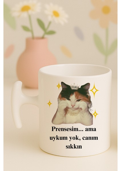 Prensesim Ama Uykum Yok Canım Sıkkın Yazılı Kedili Komik Kupa Bardak, Hammer Kulplu, Hediyelik