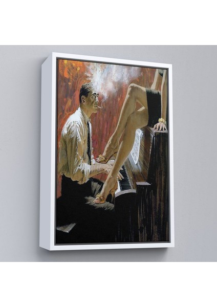 Kahverengi Çerçeveli Piyano Çalan Adam ve Kadın Duvar Tablosu