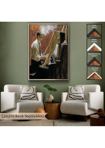 Kahverengi Çerçeveli Piyano Çalan Adam ve Kadın Duvar Tablosu