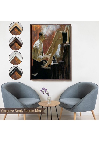 Kahverengi Çerçeveli Piyano Çalan Adam ve Kadın Duvar Tablosu