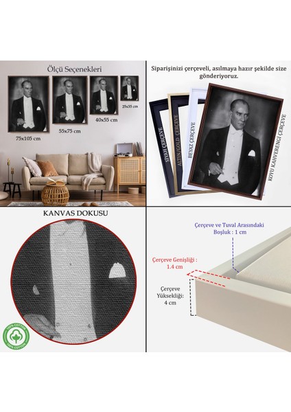 Çerçeveli Atatürk Portre Tablosu Mustafa Kemal Atatürk Dikdörtgen Dekoratif Kanvas TABLO-139 indirimleri