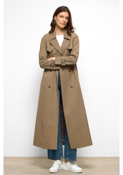 Pelerin Detaylı Su Itici Özellikli Kruvaze Uzun Trençkot Vizon 6761