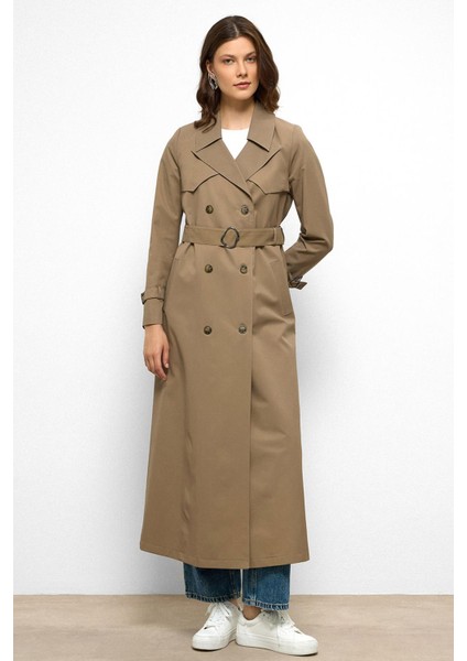 Pelerin Detaylı Su Itici Özellikli Kruvaze Uzun Trençkot Vizon 6761 fiyatları