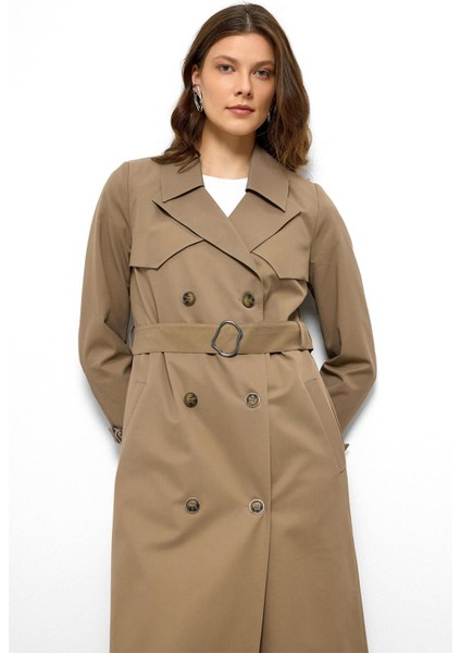 Pelerin Detaylı Su Itici Özellikli Kruvaze Uzun Trençkot Vizon 6761 modelleri