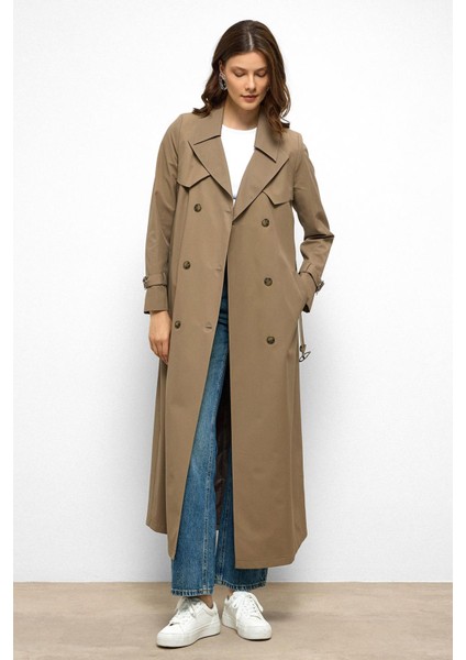 Pelerin Detaylı Su Itici Özellikli Kruvaze Uzun Trençkot Vizon 6761 fırsatları