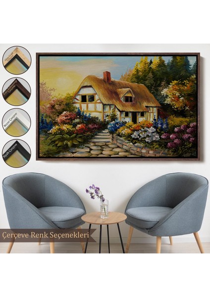Çerçeveli Bahçeli Orman Evi Yağlıboya Dekoratif Kanvas Duvar TABLOSU-3447