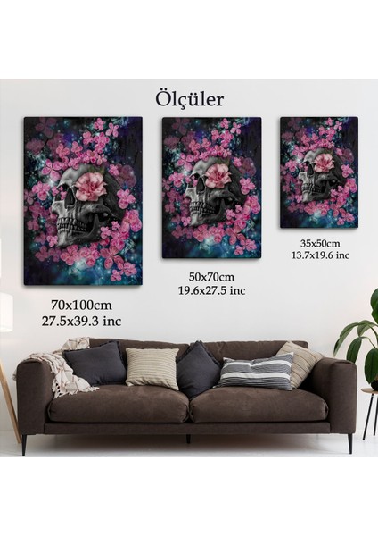 Iskelet Kafa ve Pembe Çiçekler Kanvas Tablo Duvar SANATI-5234
