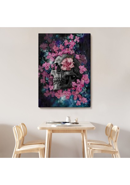 Iskelet Kafa ve Pembe Çiçekler Kanvas Tablo Duvar SANATI-5234