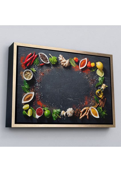 Çerçeveli Mutfak Masasındaki Baharatlar Dekoratif Kanvas Duvar TABLOSU-3727