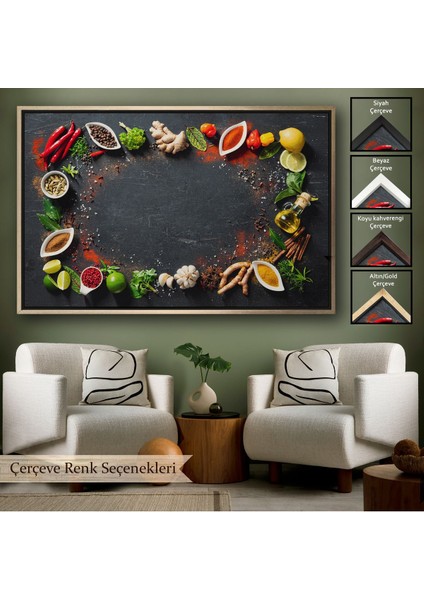 Çerçeveli Mutfak Masasındaki Baharatlar Dekoratif Kanvas Duvar TABLOSU-3727