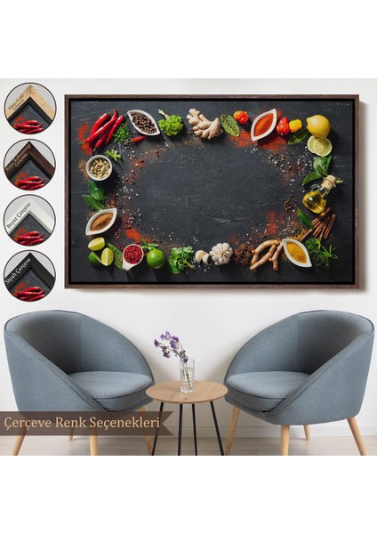 Çerçeveli Mutfak Masasındaki Baharatlar Dekoratif Kanvas Duvar TABLOSU-3727