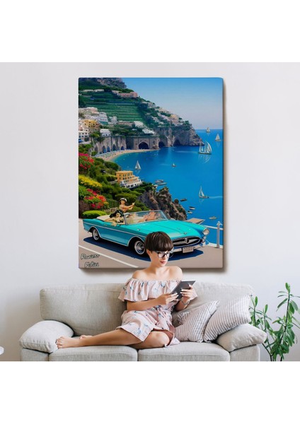 Sahildeki Mavi Klasik Araba TABLOSU-7776