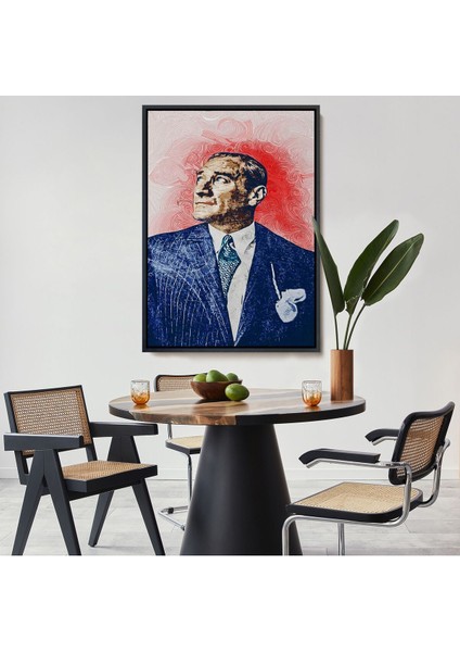 Çerçeveli Mustafa Kemal Atatürk'ün Yağlıboya Görünümlü Portre Çizimi Dekoratif Kanvas Tablo-81