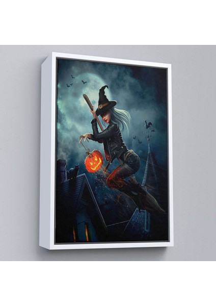 Çerçeveli Süpürge Ile Uçan Cadı ve Kabağı Cadılar Bayramı Helloven Duvar Tablosu -6175