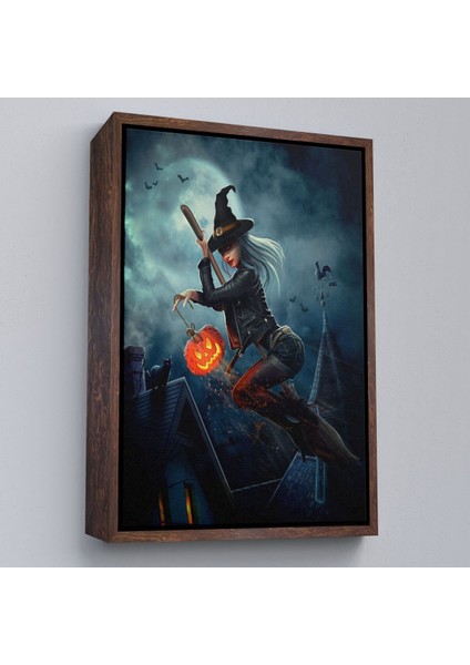 Çerçeveli Süpürge Ile Uçan Cadı ve Kabağı Cadılar Bayramı Helloven Duvar Tablosu -6175 fiyatları