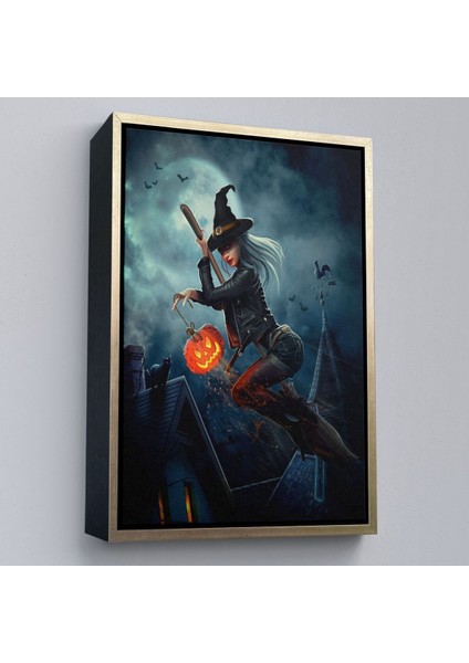 Çerçeveli Süpürge Ile Uçan Cadı ve Kabağı Cadılar Bayramı Helloven Duvar Tablosu -6175 modelleri