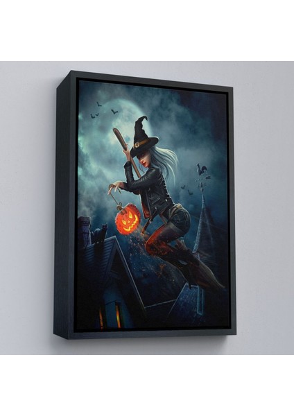 Çerçeveli Süpürge Ile Uçan Cadı ve Kabağı Cadılar Bayramı Helloven Duvar Tablosu -6175 fırsatları