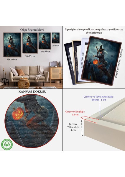 Çerçeveli Süpürge Ile Uçan Cadı ve Kabağı Cadılar Bayramı Helloven Duvar Tablosu -6175 indirimleri