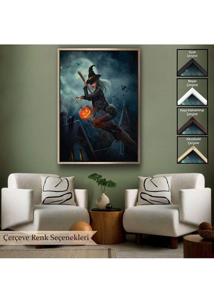 Çerçeveli Süpürge Ile Uçan Cadı ve Kabağı Cadılar Bayramı Helloven Duvar Tablosu -6175