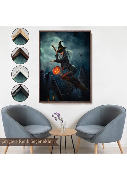 Çerçeveli Süpürge Ile Uçan Cadı ve Kabağı Cadılar Bayramı Helloven Duvar Tablosu -6175