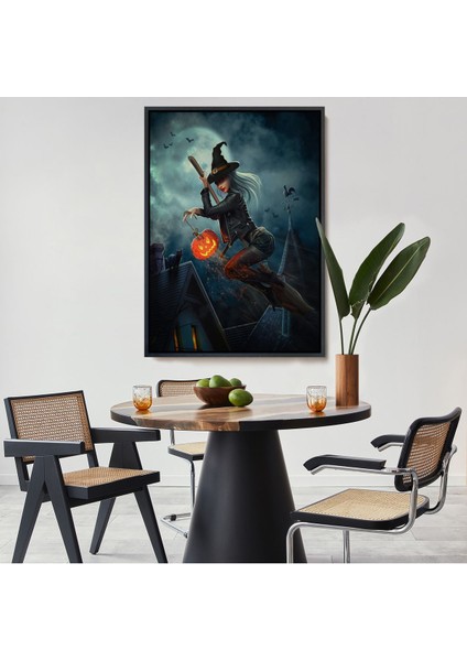 Çerçeveli Süpürge Ile Uçan Cadı ve Kabağı Cadılar Bayramı Helloven Duvar Tablosu -6175