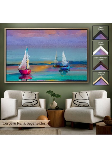 Çerçeveli Denizdeki Yelkenliler Yağlıboya Görünüm Dekoratif Kanvas Duvar TABLOSU-3616