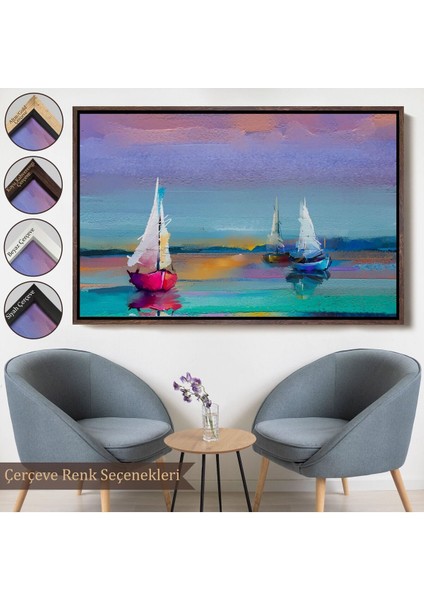 Çerçeveli Denizdeki Yelkenliler Yağlıboya Görünüm Dekoratif Kanvas Duvar TABLOSU-3616