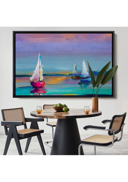 Çerçeveli Denizdeki Yelkenliler Yağlıboya Görünüm Dekoratif Kanvas Duvar TABLOSU-3616