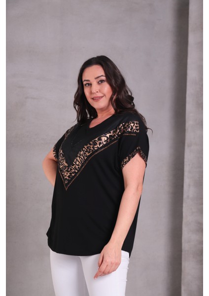 Kadın Büyük Beden V Desen Taşlı Leopar Baskılı Siyah-Kahve Bluz fiyatları
