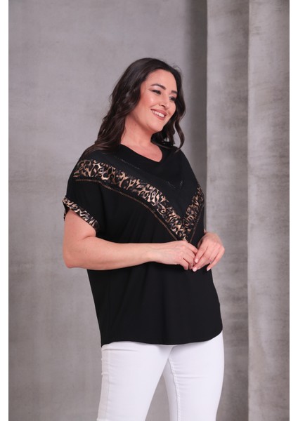 Kadın Büyük Beden V Desen Taşlı Leopar Baskılı Siyah-Kahve Bluz modelleri