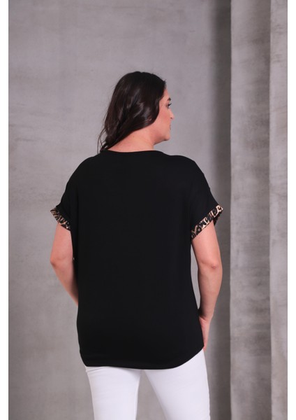 Kadın Büyük Beden V Desen Taşlı Leopar Baskılı Siyah-Kahve Bluz fırsatları