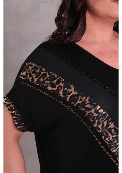 Kadın Büyük Beden V Desen Taşlı Leopar Baskılı Siyah-Kahve Bluz indirimleri