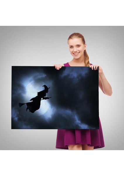 Süpürgede Uçan Cadı, Cadılar Bayramı Dekoratif Duvar TABLOSU-5202 (Tek Parça) fırsatları