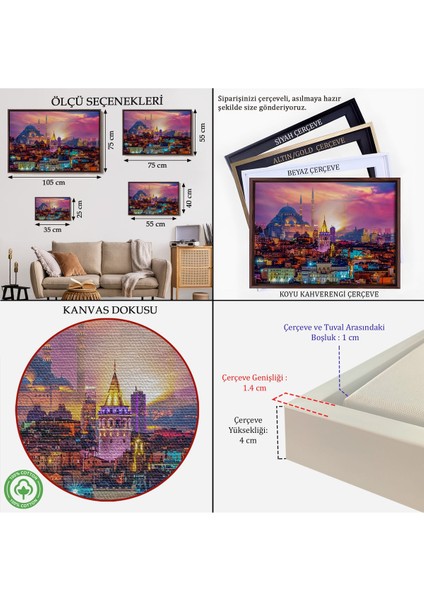 Çerçeveli Galata Kulesi Sultan Ahmet Camii ve Şehir Manzara TABLOSU-6514 indirimleri