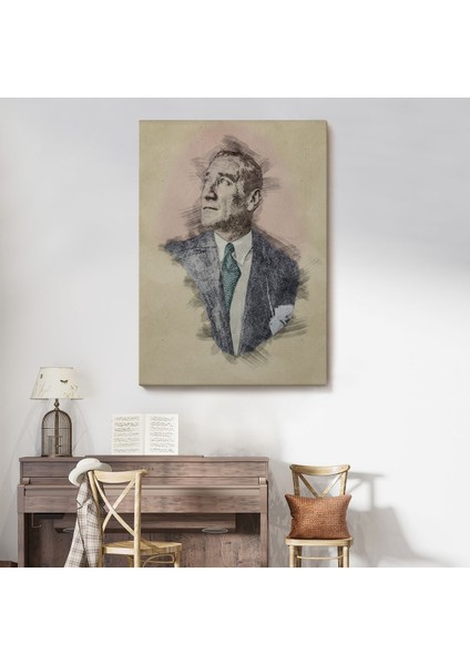Mustafa Kemal Atatürk'ün Kalem Eskizi Portre Çizimi Dekoratif Kanvas Tablo-Dc-80