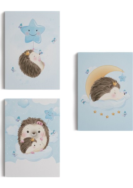 3’lü Tablo Şirin Kirpi Temalı Dekoratif Duvar Tablo Seti-Bı-34