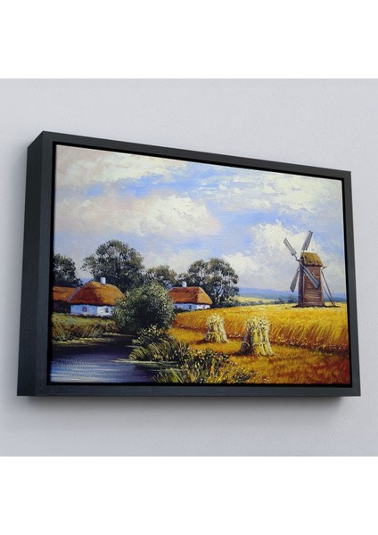 Çerçeveli Buğday Tarlası ve Değirmen Yağlıboya Görünüm Dekoratif Kanvas Duvar TABLOSU-3556
