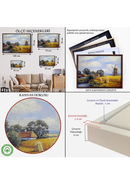 Çerçeveli Buğday Tarlası ve Değirmen Yağlıboya Görünüm Dekoratif Kanvas Duvar TABLOSU-3556 indirimleri