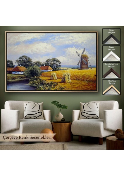 Çerçeveli Buğday Tarlası ve Değirmen Yağlıboya Görünüm Dekoratif Kanvas Duvar TABLOSU-3556
