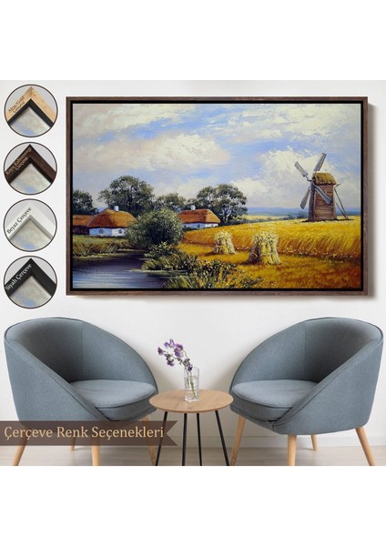 Çerçeveli Buğday Tarlası ve Değirmen Yağlıboya Görünüm Dekoratif Kanvas Duvar TABLOSU-3556