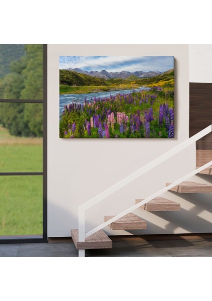 Nehir Dağ ve Mor Acı Bakla Çiçekleri Manzarası Duvar TABLOSU-3759 indirimleri