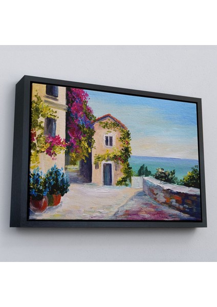 Çerçeveli Santorinide Deniz Manzaralı Ev Kanvas Duvar TABLOSU-1186